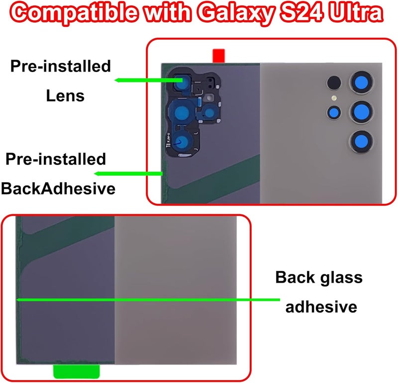 Anglepingping S24 Ultra Back Glass Replacement for Samsung Galaxy S24 Ultra 5G Back Glass Cover with Pre-Installed Tape and Camera Lens +Tools (Light Gray) - Image 3